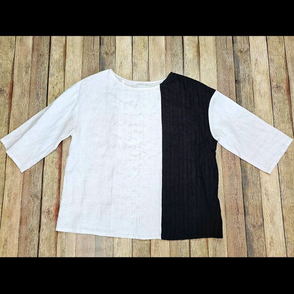 NWOT Peck & Peck Boxy Fit 100% Linen White Black Colorblock Pleated Size S - Picture 1 of 4